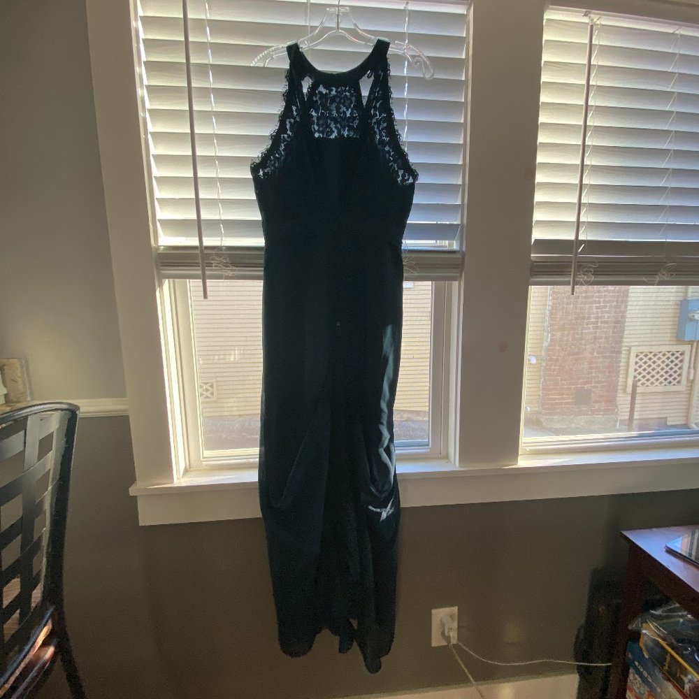 JJ's House Dark Navy Bridesmaid Dress - Trumpet, High Neck, Chiffon Lace